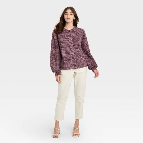 Who What Wear XS Front Gem Button Purple Women's Cardigan Crew Neck Long Sleeve - Picture 3 of 14
